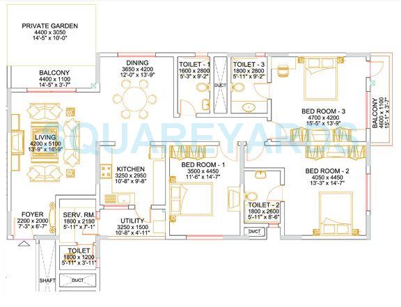 Floor plan of 3 BHK 2128 Sq. Ft. Apartment in Sobha Althea, Bangalore