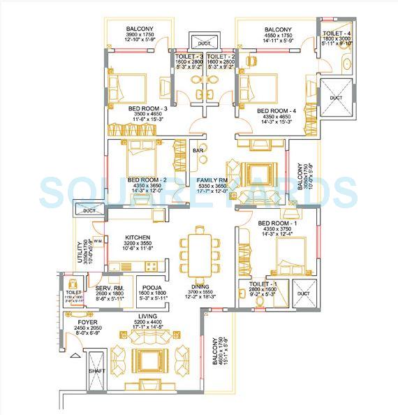 Floor plan of 4 BHK 2937 Sq. Ft. Apartment in Sobha Althea, Bangalore