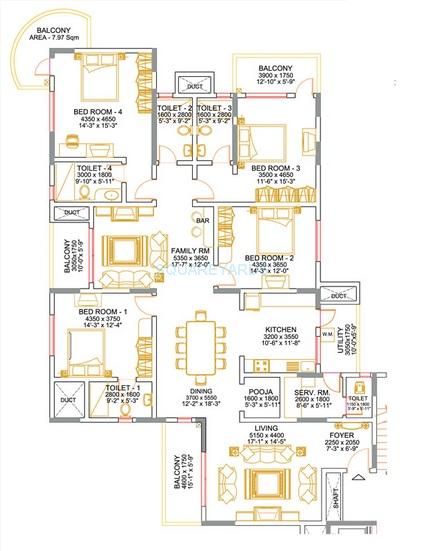 Floor plan of 4 BHK 2997 Sq. Ft. Apartment in Sobha Althea, Bangalore