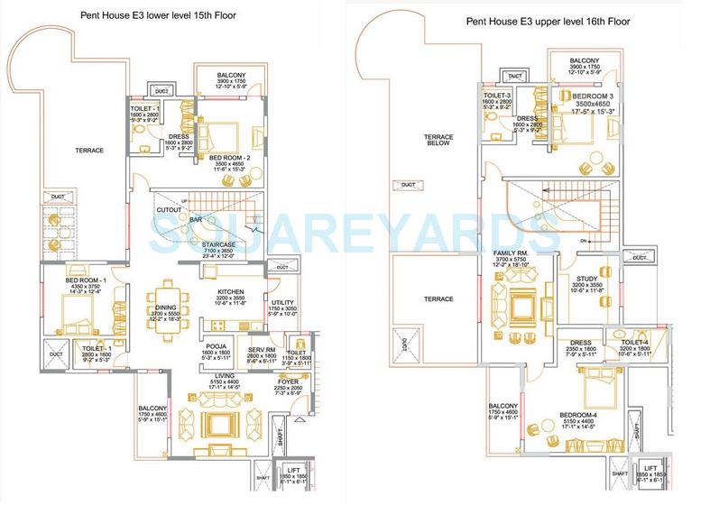 Floor plan of 4 BHK 4387 Sq. Ft. Penthouse in Sobha Althea, Bangalore