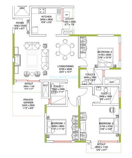 Floor plan of 3 BHK 1652 Sq. Ft. Apartment in Sobha Amethyst, Bangalore