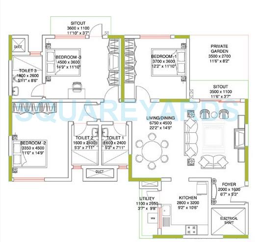 Floor plan of 3 BHK 1689 Sq. Ft. Apartment in Sobha Amethyst, Bangalore