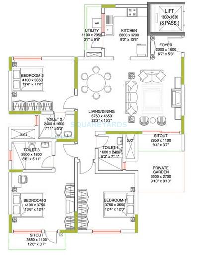 Floor plan of 3 BHK 1696 Sq. Ft. Apartment in Sobha Amethyst, Bangalore