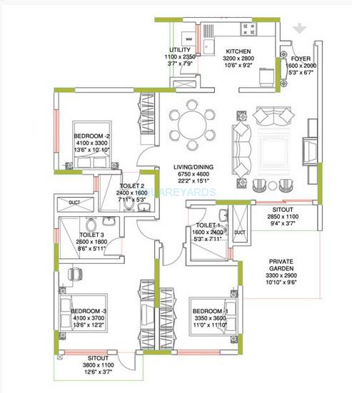 Floor plan of 3 BHK 1732 Sq. Ft. Apartment in Sobha Amethyst, Bangalore