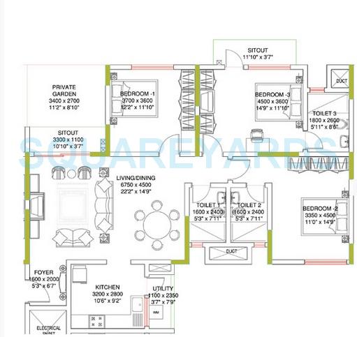 Floor plan of 3 BHK 1750 Sq. Ft. Apartment in Sobha Amethyst, Bangalore