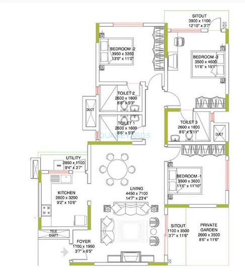 Floor plan of 3 BHK 1752 Sq. Ft. Apartment in Sobha Amethyst, Bangalore