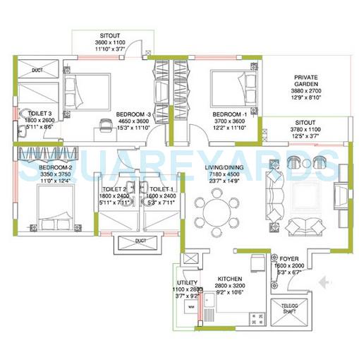 Floor plan of 3 BHK 1780 Sq. Ft. Apartment in Sobha Amethyst, Bangalore