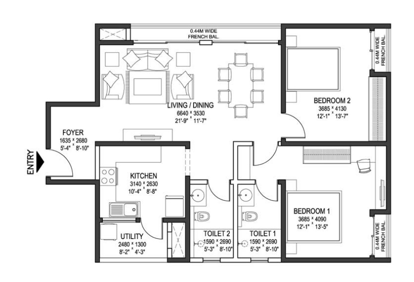 2 BHK 1296 Sq. Ft. Apartment in Sobha Arena