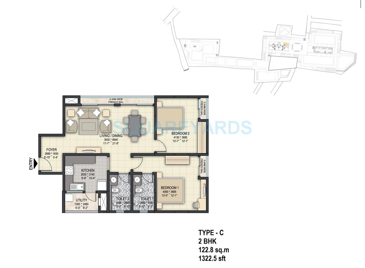 Floor plan of 2 BHK 1322 Sq. Ft. Apartment in Sobha The Park And The Plaza, Bangalore