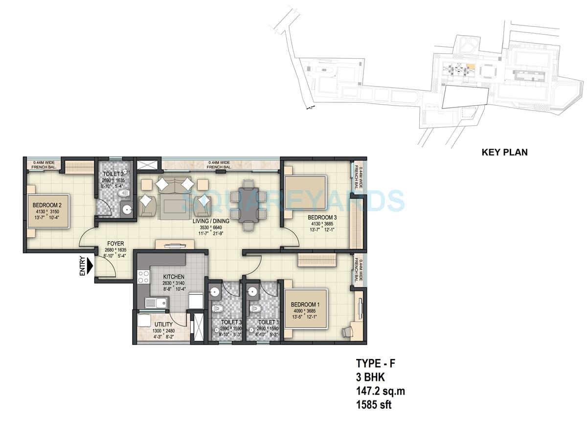 Floor plan of 3 BHK 1585 Sq. Ft. Apartment in Sobha The Park And The Plaza, Bangalore