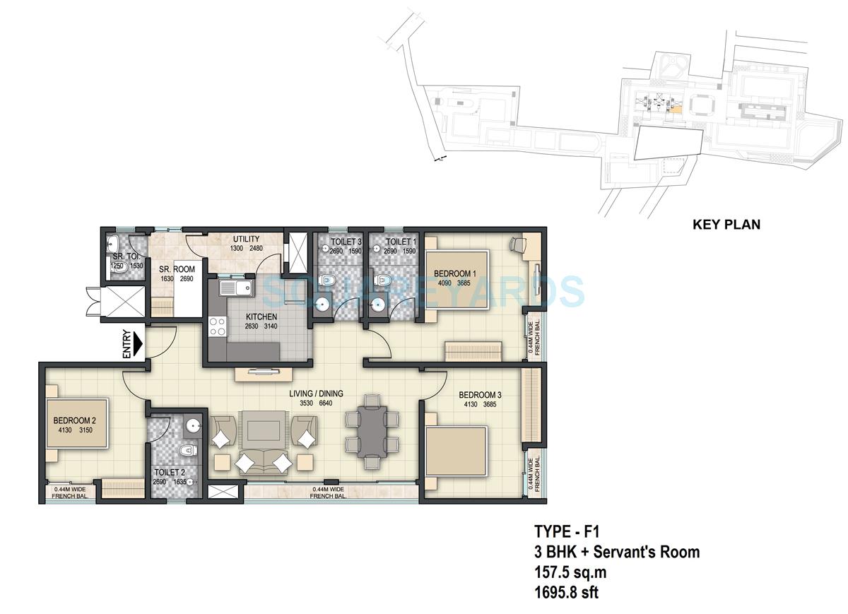 Floor plan of 3 BHK 1695 Sq. Ft. Apartment in Sobha The Park And The Plaza, Bangalore