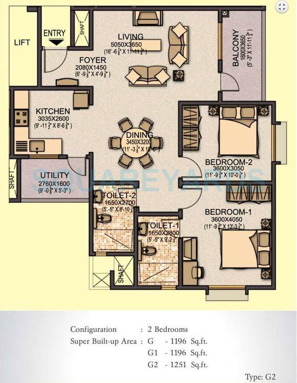 Floor plan of 2 BHK 1196 Sq. Ft. Apartment in Sobha Aspire, Bangalore
