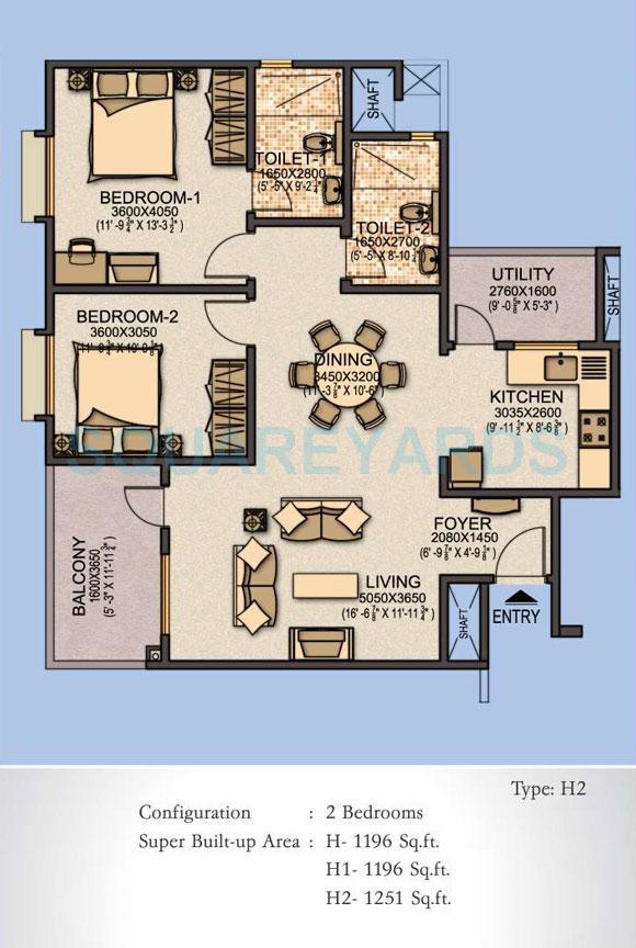Floor plan of 2 BHK 1251 Sq. Ft. Apartment in Sobha Aspire, Bangalore