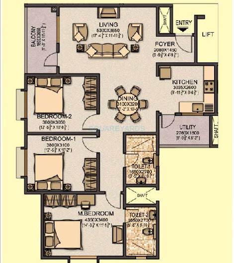 Floor plan of 3 BHK 1404 Sq. Ft. Apartment in Sobha Aspire, Bangalore