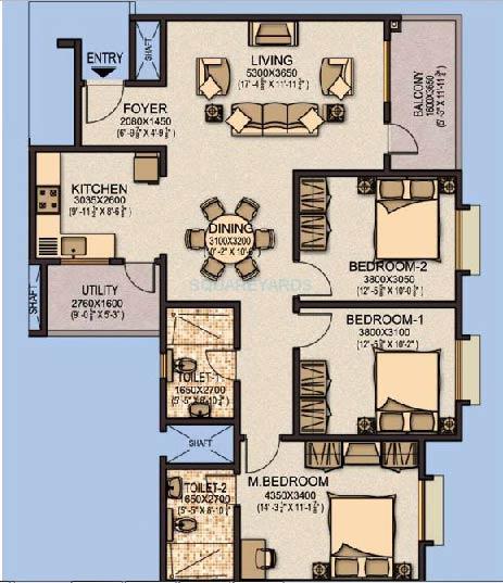 Floor plan of 3 BHK 1459 Sq. Ft. Apartment in Sobha Aspire, Bangalore
