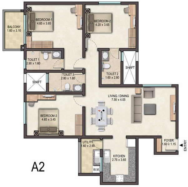 Floor plan of 3 BHK 1536 Sq. Ft. Apartment in Sobha Avenue, Bangalore