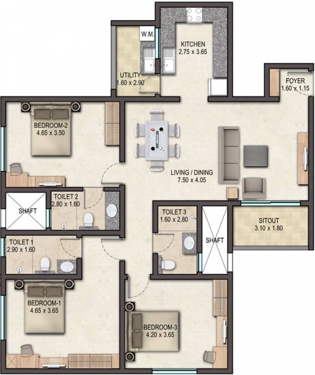 Floor plan of 3 BHK 1500 Sq. Ft. Apartment in Sobha Avenue, Bangalore