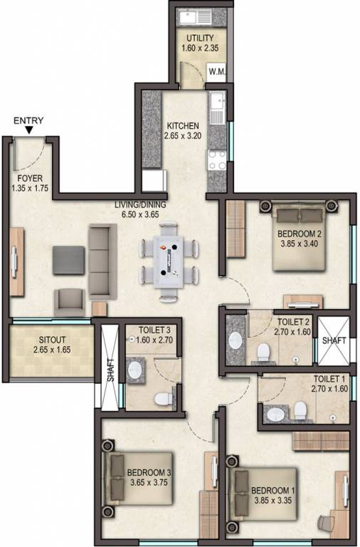 Floor plan of 3 BHK 1586 Sq. Ft. Apartment in Sobha Avenue, Bangalore