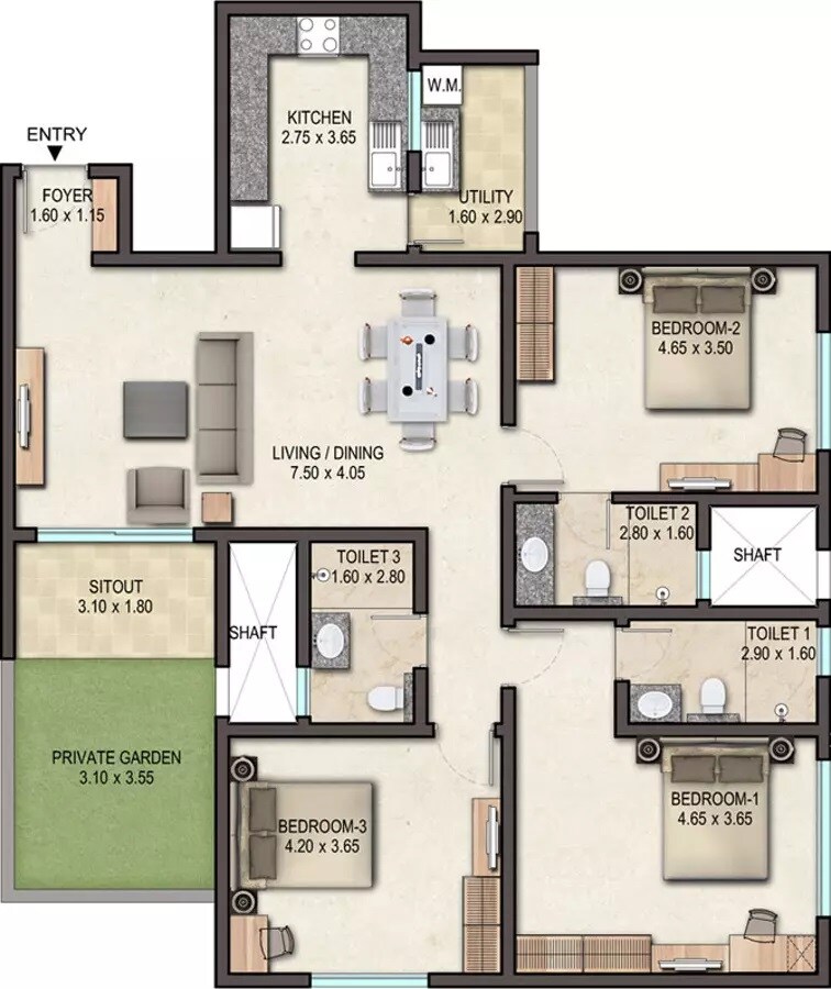 Floor plan of 3 BHK 1828 Sq. Ft. Apartment in Sobha Avenue, Bangalore