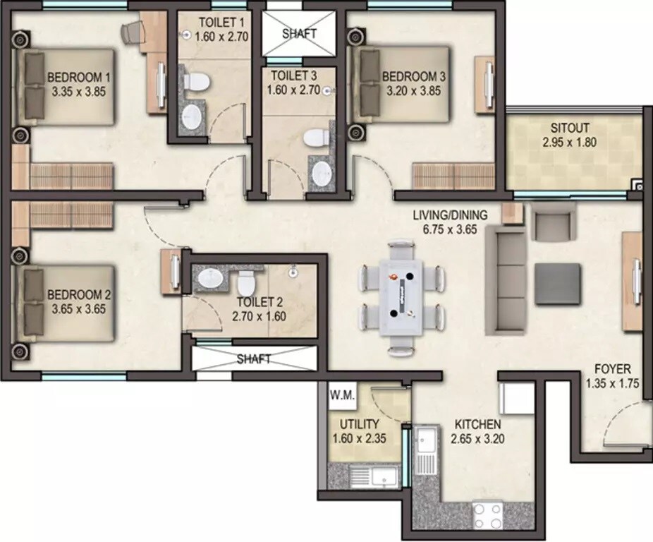 Floor plan of 3 BHK 1865 Sq. Ft. Apartment in Sobha Avenue, Bangalore