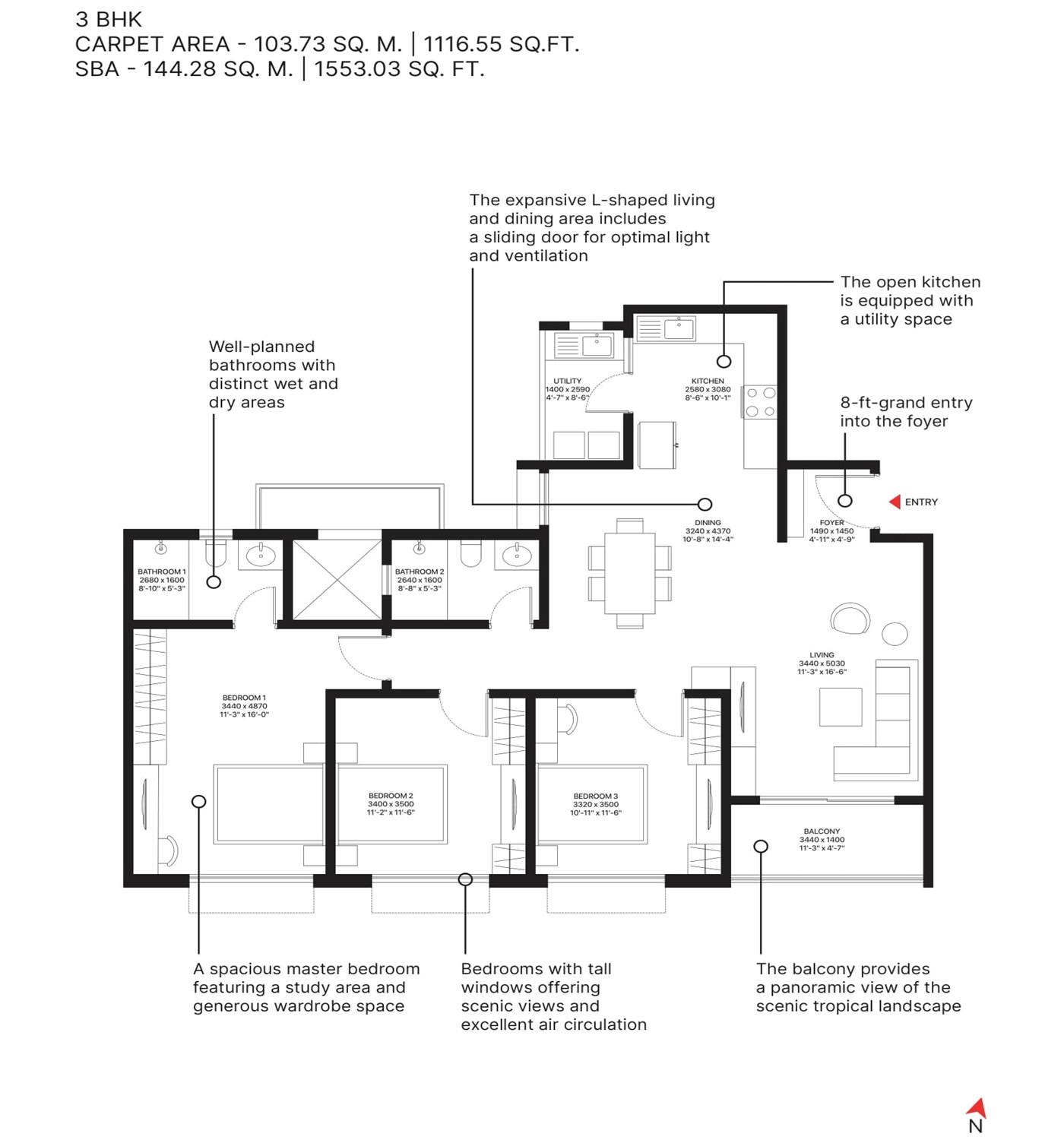 3 BHK 1553 Sq. Ft. Apartment in Sobha Ayana