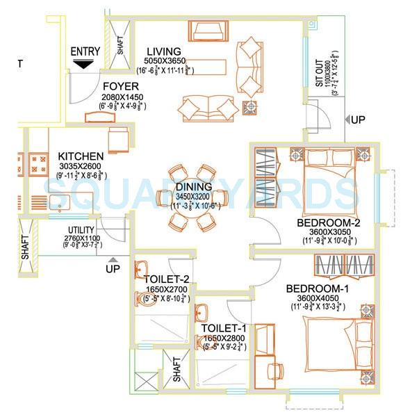 Floor plan of 2 BHK 1259 Sq. Ft. Apartment in Sobha Basil, Bangalore