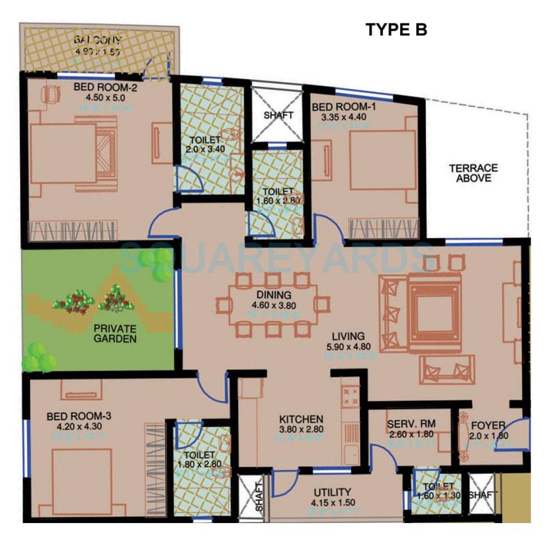 Floor plan of 3 BHK 1564 Sq. Ft. Apartment in Sobha Carnation, Bangalore