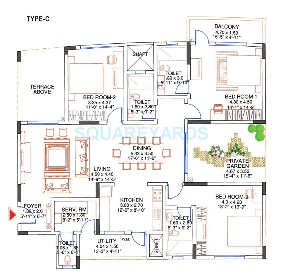 Floor plan of 3 BHK 1582 Sq. Ft. Apartment in Sobha Carnation, Bangalore