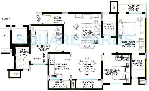 Floor plan of 4 BHK 1600 Sq. Ft. Apartment in Sobha Carnation, Bangalore