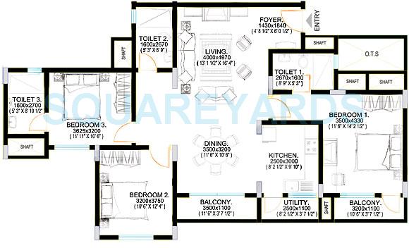 Floor plan of 4 BHK 1635 Sq. Ft. Apartment in Sobha Carnation, Bangalore