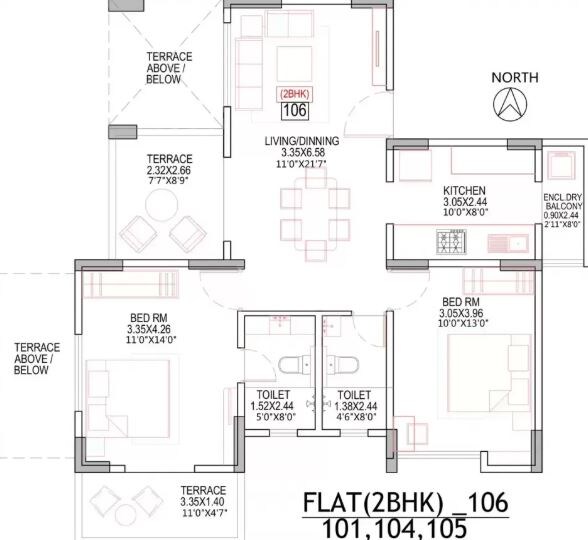 Floor plan of 2 BHK 1410 Sq. Ft. Apartment in Sobha Cedar, Bangalore