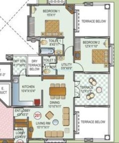 Floor plan of 2 BHK 1411 Sq. Ft. Apartment in Sobha Cedar, Bangalore
