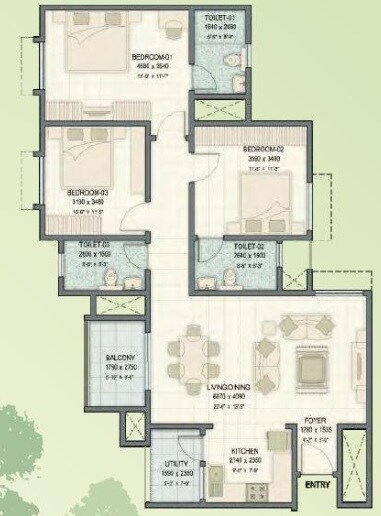 Floor plan of 3 BHK 1530 Sq. Ft. Apartment in Sobha Cedar, Bangalore