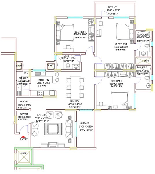 Floor plan of 3 BHK 2231 Sq. Ft. Apartment in Sobha Celsia, Bangalore