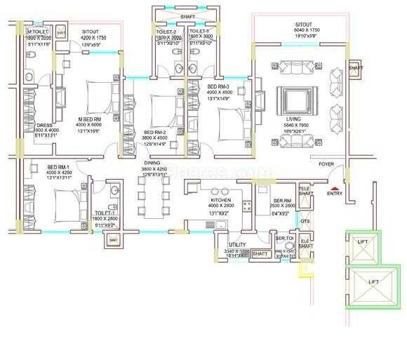 Floor plan of 4 BHK 3070 Sq. Ft. Apartment in Sobha Celsia, Bangalore