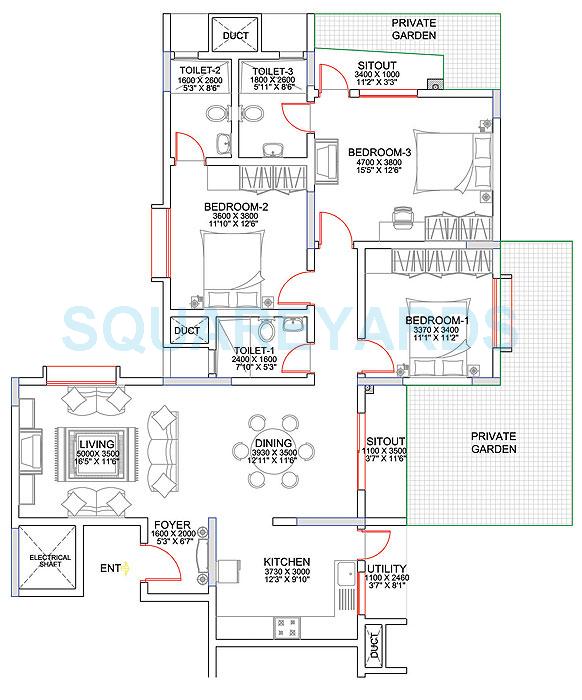 Floor plan of 3 BHK 1716 Sq. Ft. Apartment in Sobha Chrysanthemum, Bangalore