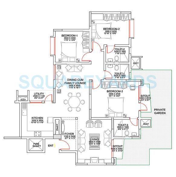 Floor plan of 3 BHK 1867 Sq. Ft. Apartment in Sobha Chrysanthemum, Bangalore