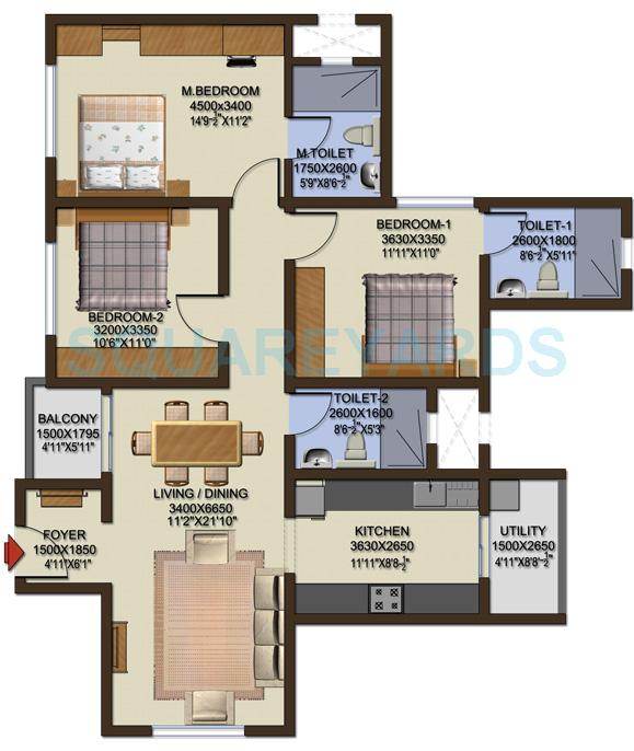 Floor plan of 3 BHK 1451 Sq. Ft. Apartment in Sobha Cinnamon, Bangalore