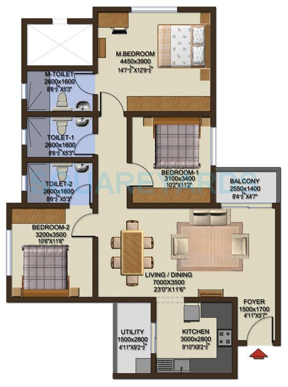 Floor plan of 3 BHK 1455 Sq. Ft. Apartment in Sobha Cinnamon, Bangalore