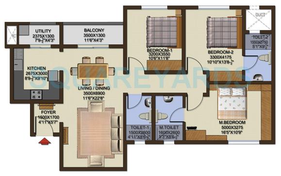 Floor plan of 3 BHK 1459 Sq. Ft. Apartment in Sobha Cinnamon, Bangalore
