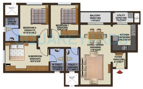 Floor plan of 3 BHK 1462 Sq. Ft. Apartment in Sobha Cinnamon, Bangalore
