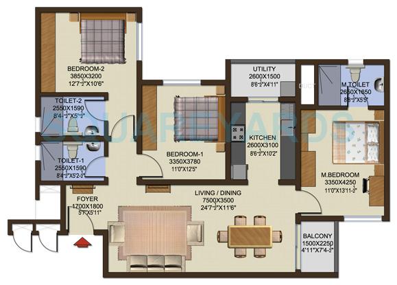 Floor plan of 3 BHK 1470 Sq. Ft. Apartment in Sobha Cinnamon, Bangalore