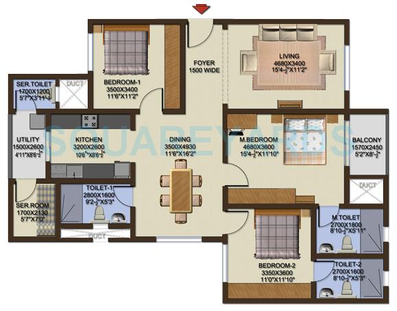 Floor plan of 3 BHK 1692 Sq. Ft. Apartment in Sobha Cinnamon, Bangalore