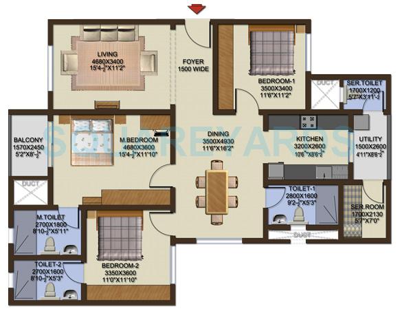 Floor plan of 3 BHK 1700 Sq. Ft. Apartment in Sobha Cinnamon, Bangalore