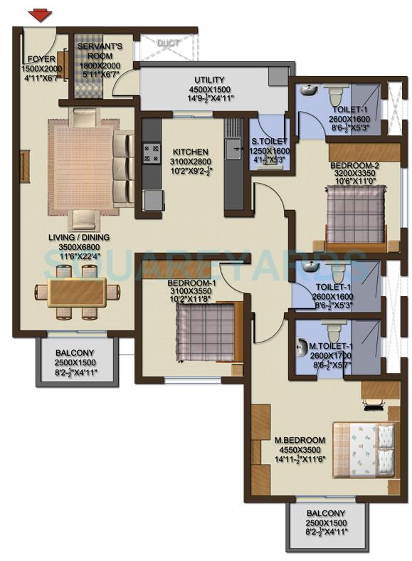 Floor plan of 3 BHK 1809 Sq. Ft. Apartment in Sobha Cinnamon, Bangalore