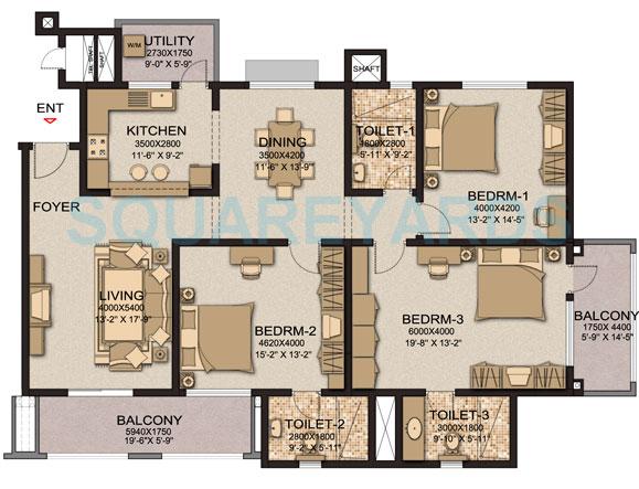 Floor plan of 3 BHK 2136 Sq. Ft. Apartment in Sobha Cinnamon, Bangalore