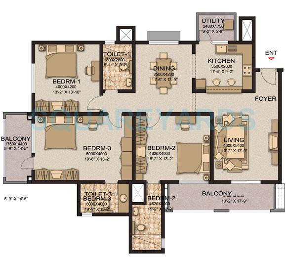 Floor plan of 3 BHK 2163 Sq. Ft. Apartment in Sobha Cinnamon, Bangalore