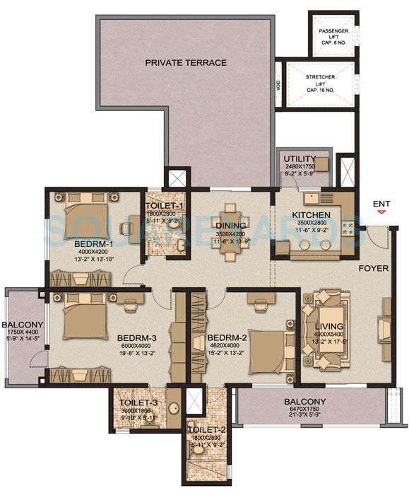 Floor plan of 3 BHK 2335 Sq. Ft. Apartment in Sobha Cinnamon, Bangalore