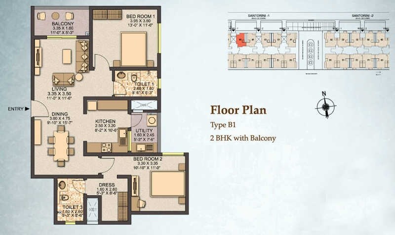 Floor plan of 2 BHK 1380 Sq. Ft. Apartment in Sobha City, Bangalore
