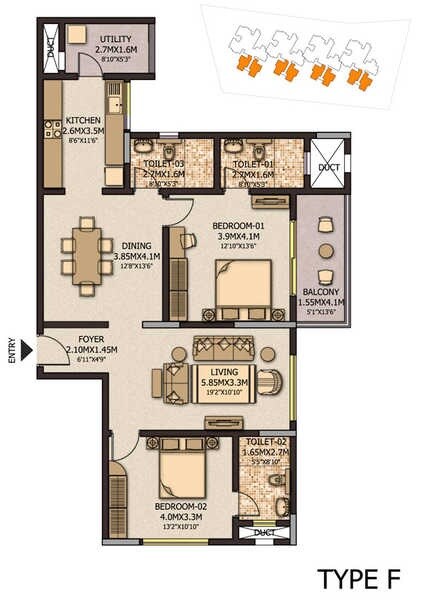 Floor plan of 2 BHK 1397 Sq. Ft. Apartment in Sobha City, Bangalore
